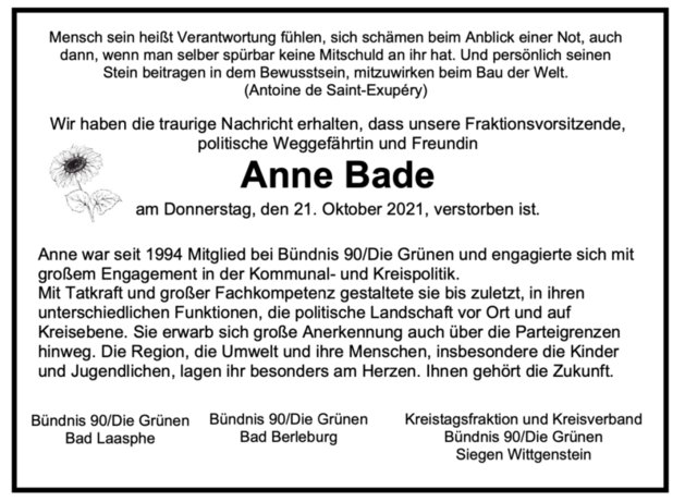 Traueranzeige Anne Bade